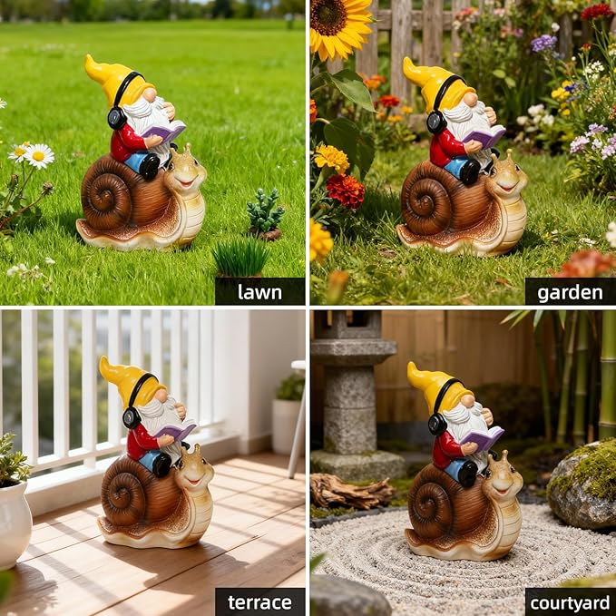 Ferrisland Garden Gnomes Snail Outdoor Figurines with Solar Lights, 10.4 inches Resin Solar Gnomes Decoration Yard Outdoor Garden, Patio Yard Lawn Birthday Housewarming Mother's Day（Gnome on Snail）