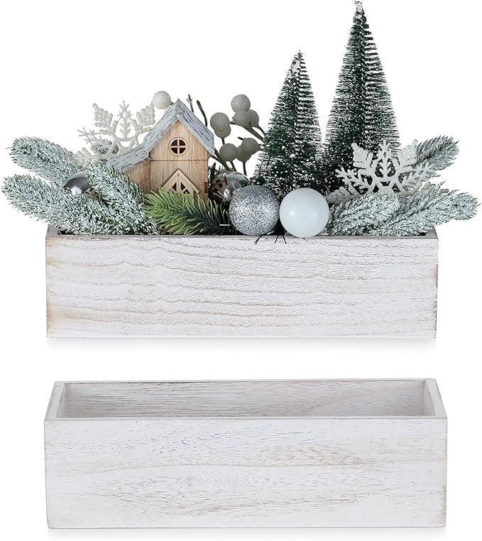 NUPTIO Wooden Box Centerpiece for Table: 2 Pcs 11.8" Long Wood Rectangle Planter Boxes - Farmhouse Washed White Planters for Fall Wedding Dining Living Room Window Mantel Table Decor