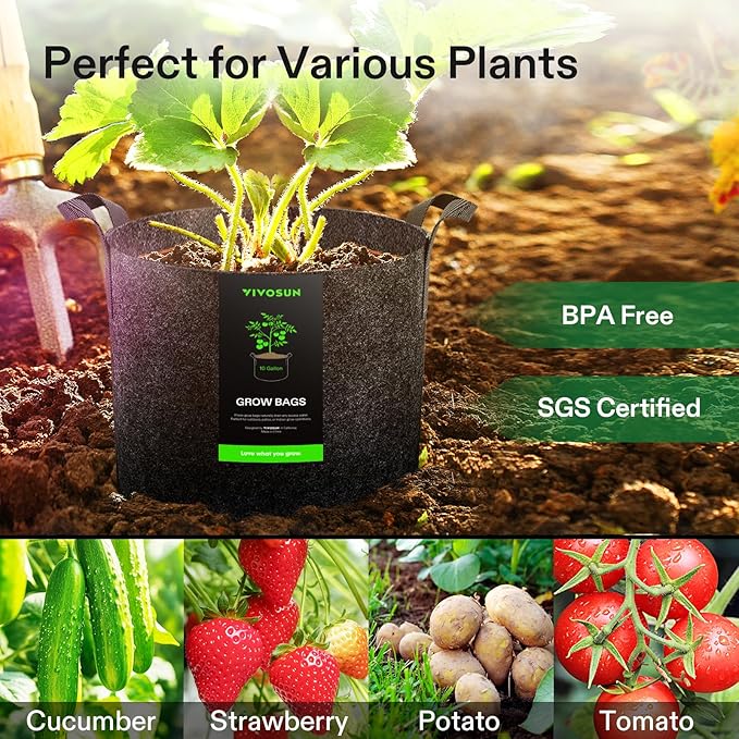 VIVOSUN 10-Pack 10 Gallon Grow Bags, Reinforced Planter Fabric Pots for Gardening Black