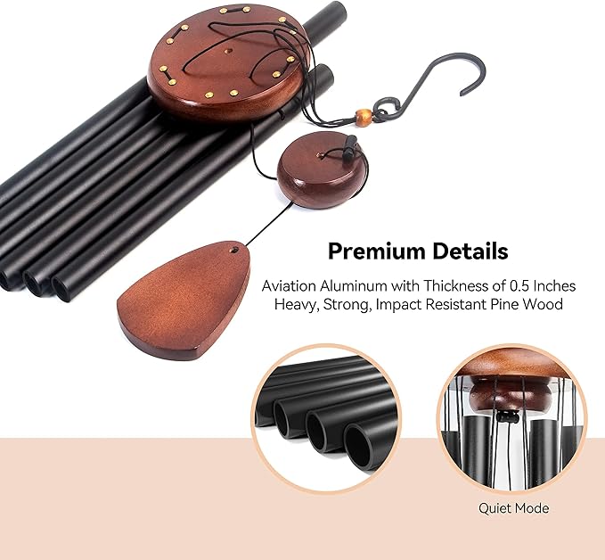 2pcs Wind Chimes for Outside with Wood Wind Catcher, 37 Inches Large Aluminum Windchimes Outdoors for Patio Decoration & Zen Atmosphere, Best Gifts for Mom(Black)