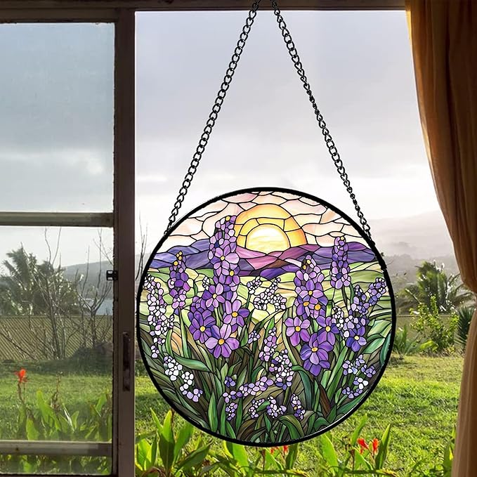Stained Glass Window Hanging - Purple Lavender Suncatcher for Door Terrace Garden Home Decor Plant Flowers Landscape Sun Catcher Birthday Gifts for Lovers Women Men Dad Mom Nana 7.8 in