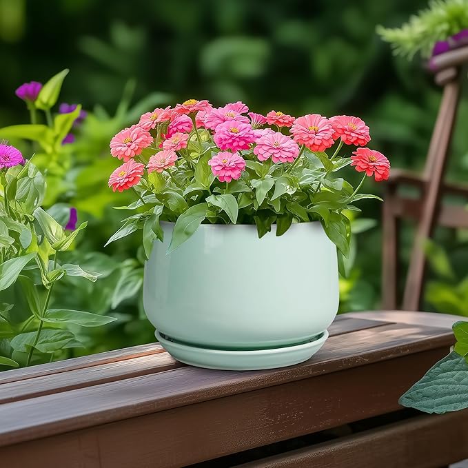 G EPGardening Ceramic Plant Pots - 6 Inch Pot for Plants, Ceramic Planter with Drainage and Saucer, Flower Indoor Outdoor Planter, Modern Bathroom Decor, Birthday Gifts, Green