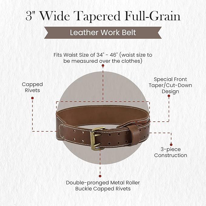 Style n Craft - 3" Wide Tapered Full-Grain Leather Work Belt, Durable and Rugged Belt, Dark Tan (98437)