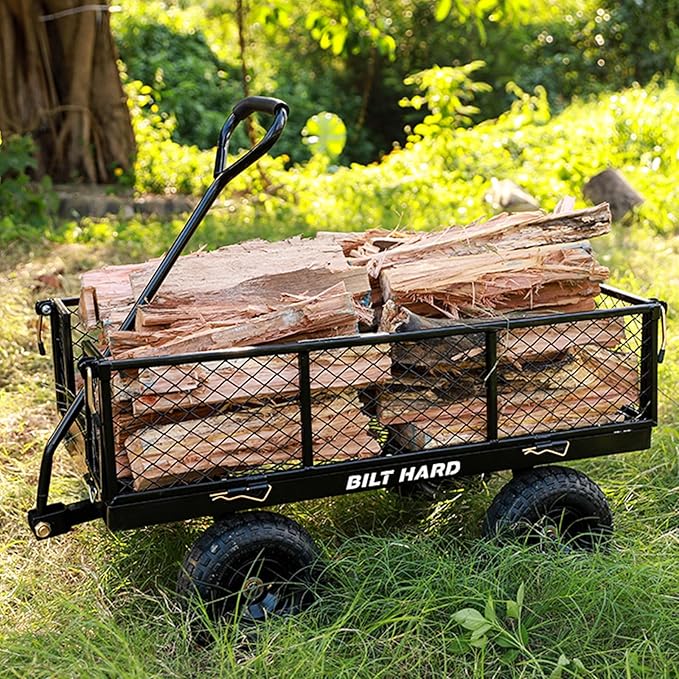 BILT HARD 880 lbs 10" Flat Free Tires Steel Garden Cart with 180° Rotating Handle and Removable Sides, Heavy Duty 4 Cu.Ft Capacity Utility Garden Carts and Wagons, Black