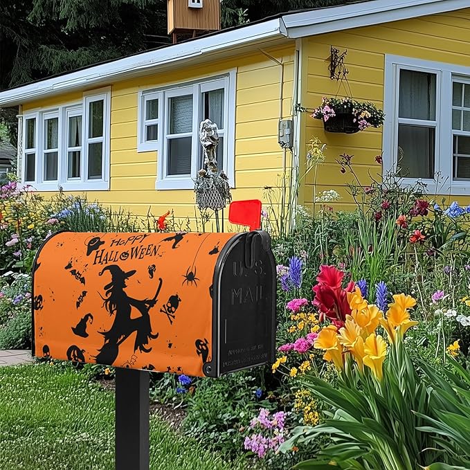 Happy Halloween Mailbox Covers Magnetic Standard Size 21x18 inch Witch Spider Mail Box Cover Skull Ghost Post Letter Box Cover for Outdoor Garden Decor Orange