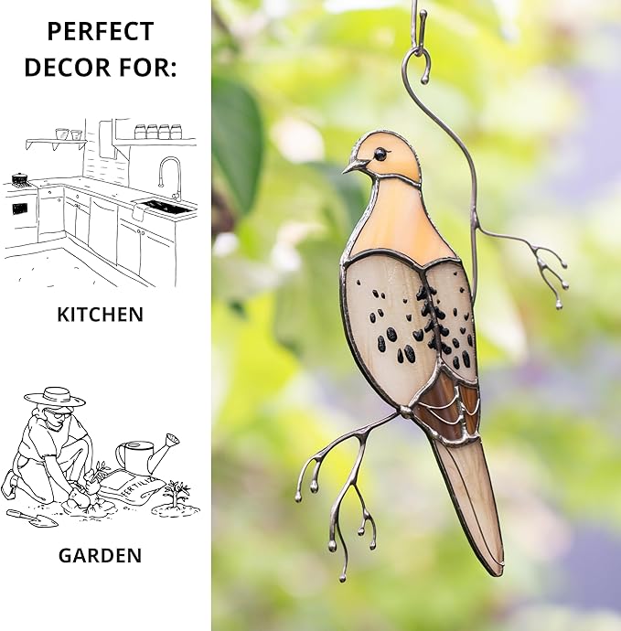 Stained Glass Morning Dove Suncatcher – Peaceful Glass Bird Window Hanging – Handmade Dove Sun Catcher for Indoor Window Decor or Garden Gift (Mourning Dove)