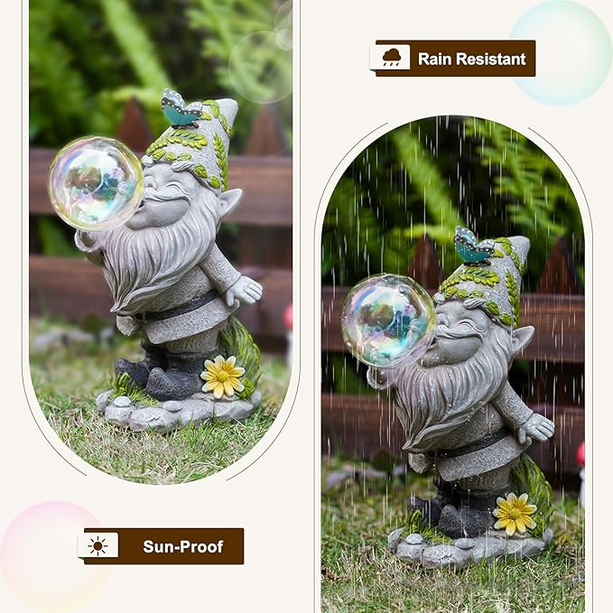 MININOVA Cute Solar Decor Statues Outdoor Standing Gnome Blowing Bubble Beautiful Garden Decorations for Patio Lawn Porch Housewarming Birthday Gift