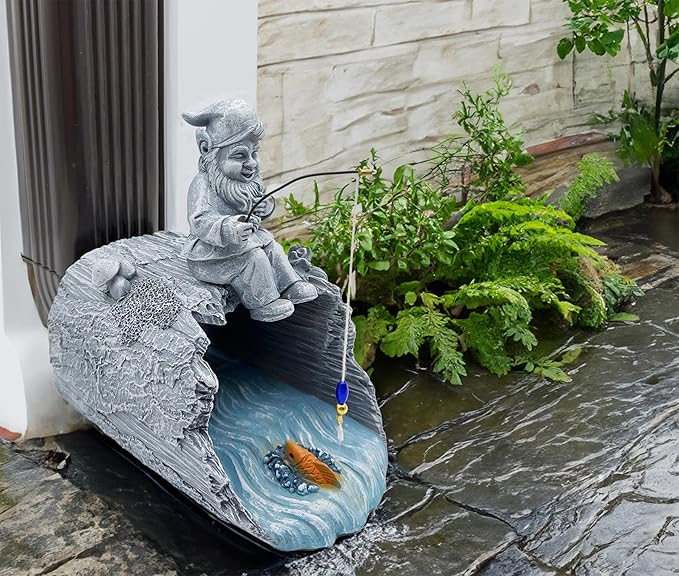 Gnome Fishing 3"x4" Decorative Gutter Extension, Outdoor Decor Sculpture - Garden Statue & Gutter Downspout Splash Block, Whimsical Gutter Diverter Rain, for Garden Collectors