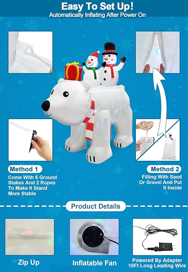 6 Ft Tall 5.7 Ft Long Christmas Inflatable Snowman Couples on Polar Bear with Rotating RGB Color Lights Christmas Outdoor Decorations Blow Up Snowman Inflatables Xmas Decor Yard Holiday Garden