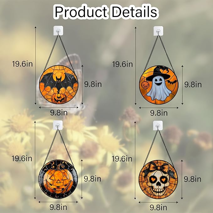 Stained Glass Window Hanging 4 Pcs Set Ghost Pumpkin bat Gothic Decor 9.8" - Horror Halloween Suncatcher Door Garden Sun Catcher Birthday White Elephant Gifts for Mom Woman Men Friend