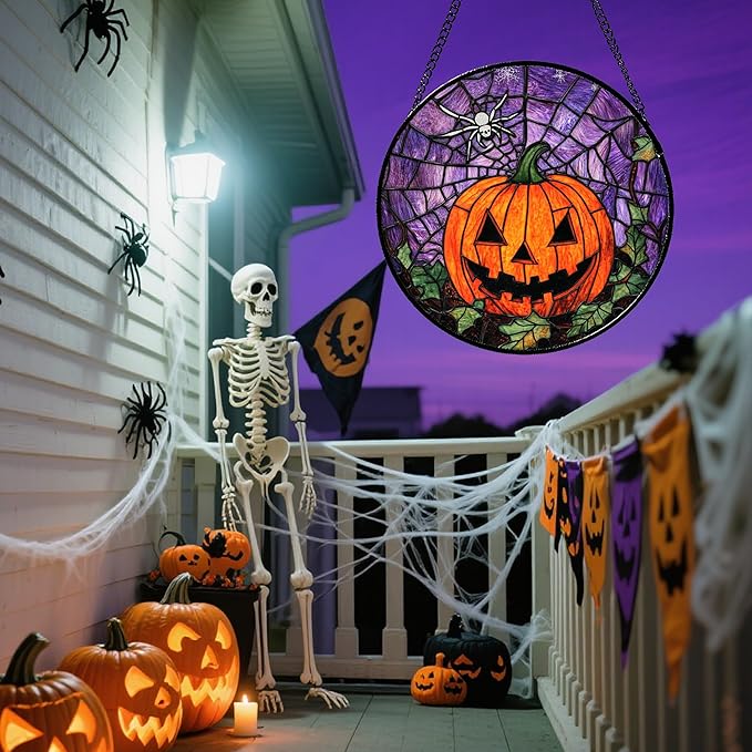 Stained Glass Window Hanging Halloween Golden Yellow Horror Pumpkin 6.3" - Suncatcher Door Garden Sunroom Gothic Style Sun Catcher Birthday for Friend Mom Men Woman Nana