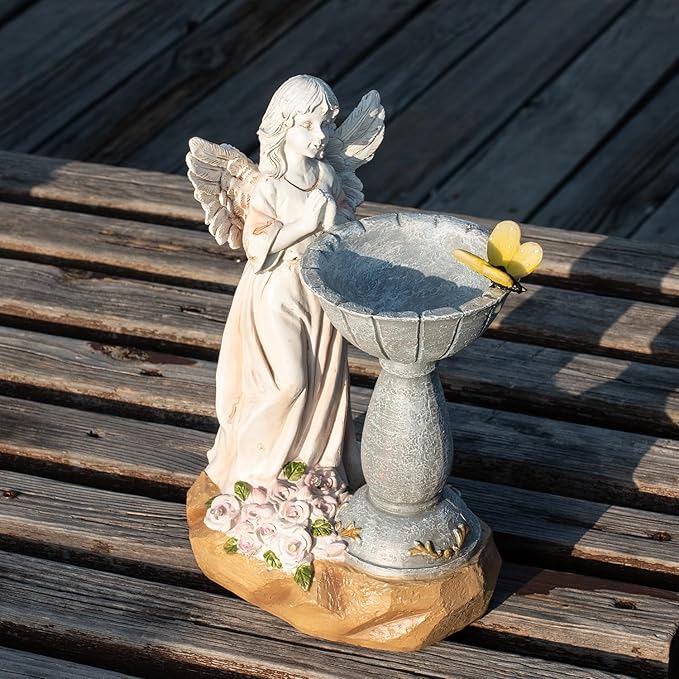 Natelf Solar Resin Angel Statue Outdoor Decor Figurine Garden Art with Glowing Flowers, Night Light for Patio, Ornament Yard Decorations for Patio Gift for Mom, Housewarming
