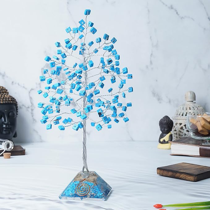 Turquoise Crystal Tree with Orgone Pyramid Base Desk Decor Healing Crystals Bonsai Tree Gifts for Women Office & Shelf Home Room Decor for Mom Sister Girlfriend Present Housewarming