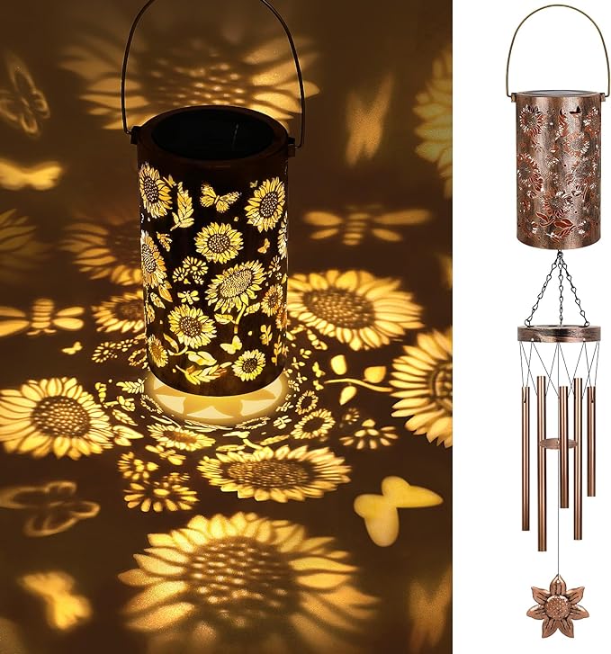 YHmall Solar Wind Chimes for Outside, 35'' Sunflower Gifts for Women Mom Grandma Windchimes Outdoors, Solar Lantern Memorial Wind Chimes Teacher Appreciation Unique for Garden Decor