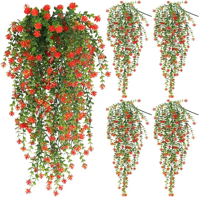 SJL Fall Artificial Hanging Plant Fall Faux Eucalyptus Leaf Fake Hanging Vines UV Resistant Fake Mums for Outdoors Faux Autumn Plants for Home Indoor Outdoor Thanksgiving Decor (Orange)