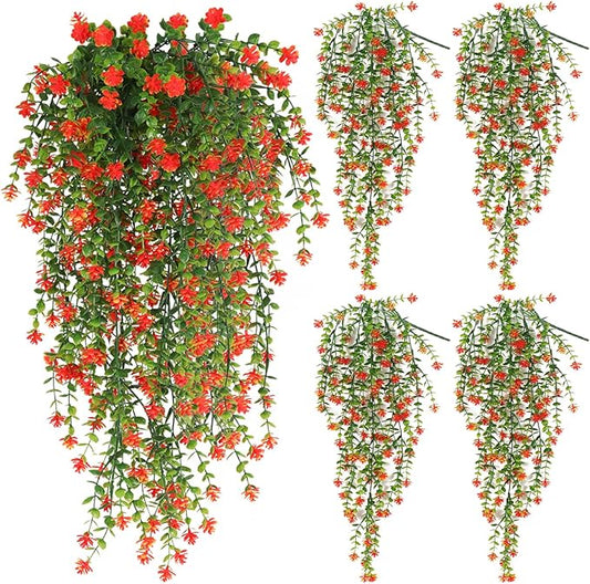 SJL Fall Artificial Hanging Plant Fall Faux Eucalyptus Leaf Fake Hanging Vines UV Resistant Fake Mums for Outdoors Faux Autumn Plants for Home Indoor Outdoor Thanksgiving Decor (Orange)