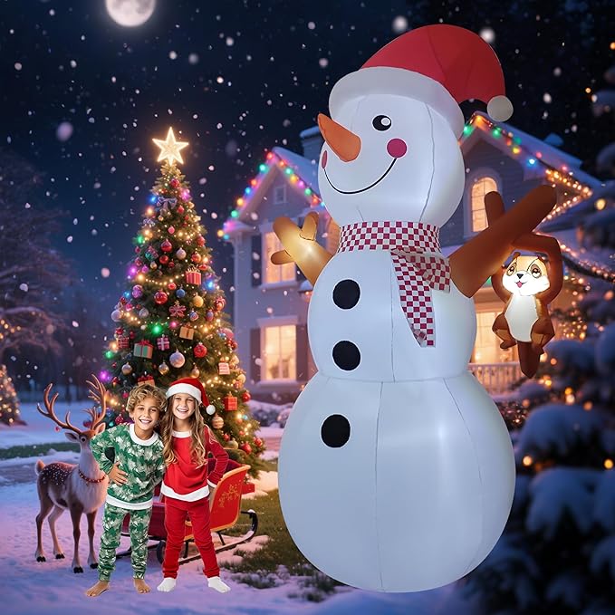 12ft Giant Snowman Inflatable Decor with Cute Squirrel Christmas Inflatable Yard Decor Build-in LED Outdoor Blow up Holiday Decorations for Yard/Lawn/Garden