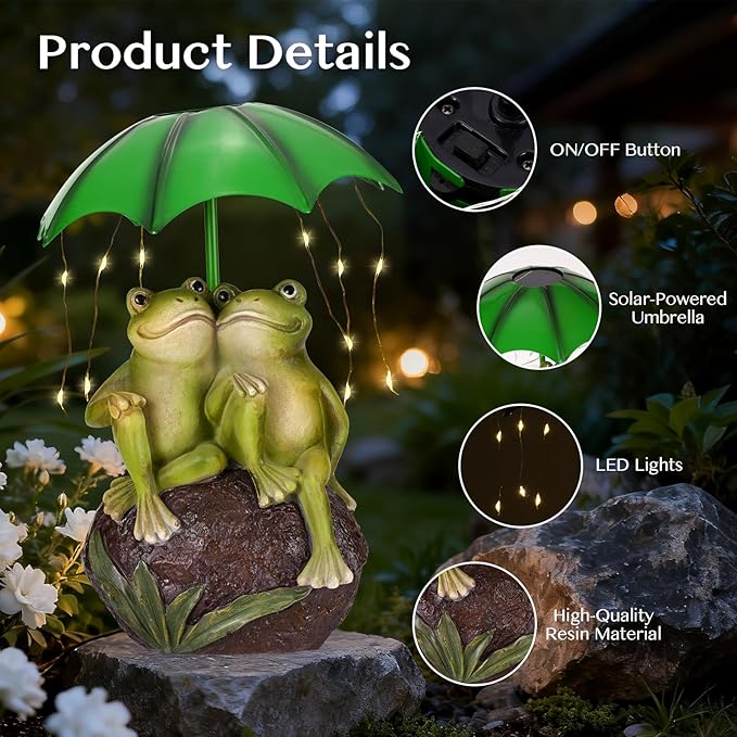 Solar Garden Statues Decor Frog Couple with LED Lights and Umbrella, Outdoor Garden Statues, Frog Statue for Patio, Balcony, Housewarming, Yard Ornaments Gifts for Women