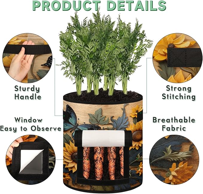 Sunflower Flowers Grow Bags 7 Gallon Thickened Nonwoven Plant Pot Vegetables Potato Fruit Plant Grow Bag with Handle Garden Plant Bag Outdoor 2 Pack