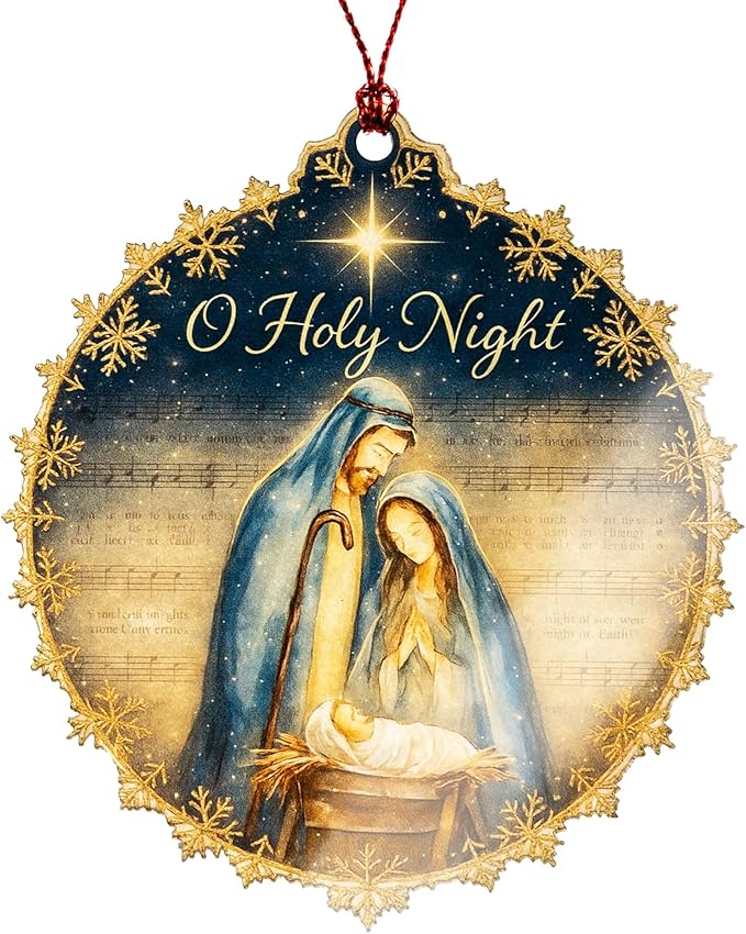 Nativity Ornament – O Holy Night – Christian Christmas Decor – Holy Family Card – Religious Gift – Christmas Holiday – Suncatcher Effect Stained Glass Window Hanging – Car Hanging