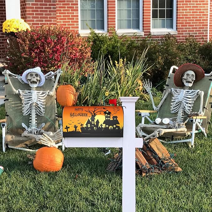 Halloween Castle Mailbox Covers, Moon Bat 25.5x21 Inch Magnetic Mailbox Covers, Large Size Orange Waterproof Mailbox Wrap Post Letter Box Cover Mailbox Post Cover for Garden Yard House Decor
