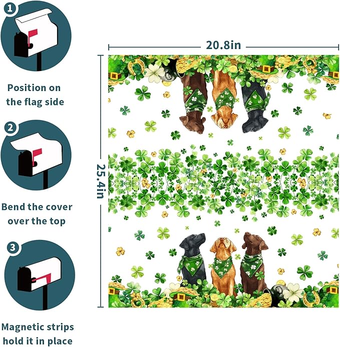 St. Patricks Day Mailbox Cover Magnetic, 25.5"x21" Patrick Dog Lucky Clover Elf Hat Mailbox Wrap, Spring Shamrocks Large Size Waterproof Letter Post Cover for Garden Yard Outdoor Decor