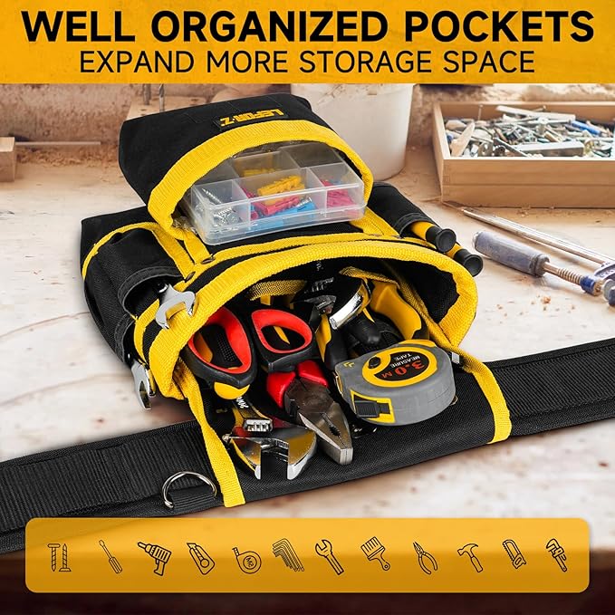 Tool Belt with Suspenders,27-Pockets Heavy Duty Tool Belts for Men with Magnetic Tool Pouch,Detachable & Adjustable Work Belt Bag for Electrician,Carpenter,Construction,Utility Toolbelt,Black,Yellow