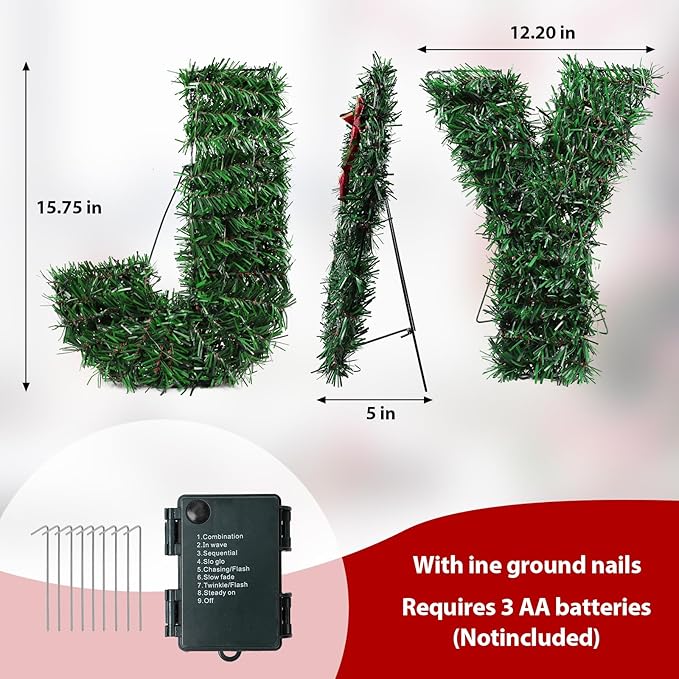 3 Piece Outdoor Joy Christmas Decoration, Lighted Joy Yard Signs Yard Lights Display Set for Christmas Outdoor Patio Lawn Green Decor