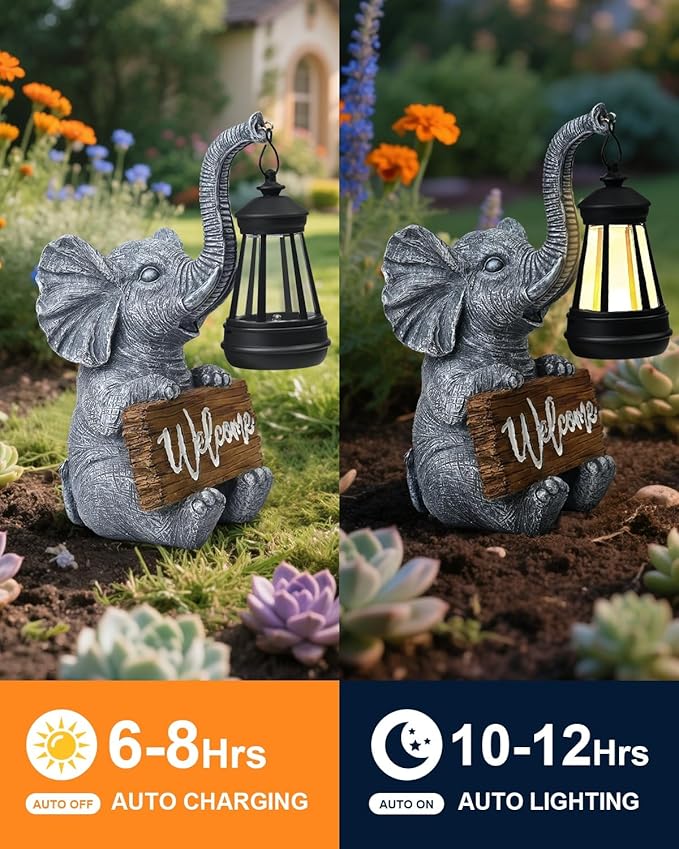 Outdoor Elephant Statues Solar Garden Decor Lights - Elephant Decoration for Garden, Balcony, Patio, Yard, Lawn - Housewarming, Fathers Day, Unique Birthday Gifts for Women Mom Grandma(White)