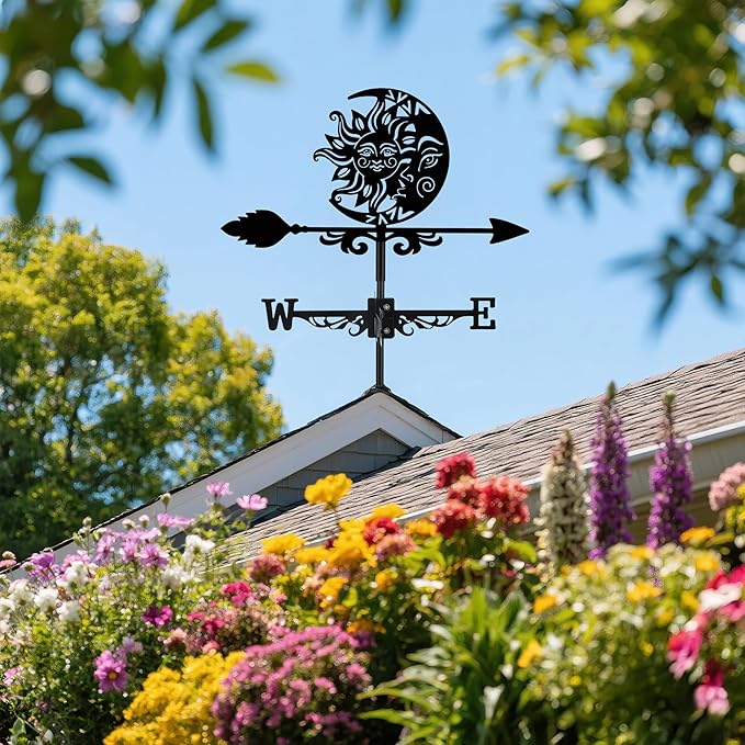 Sun and Moon Face Weather Vane, Black Metal Weathervane Roof Mount, Wind Direction Indicator Wind Measuring Tool Outdoor, Wind Vane Ornament Decoration for Shed Garden Yard Farmhouse Patio Decor