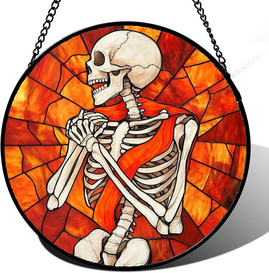 Stained Glass Window Hanging - Halloween Decorations Fear Skeleton Suncatcher for Doors Garden Indoor Spooky Funny Sun Catchers Gothic Decor Horror Gifts for Women Men Friend 11.8 in