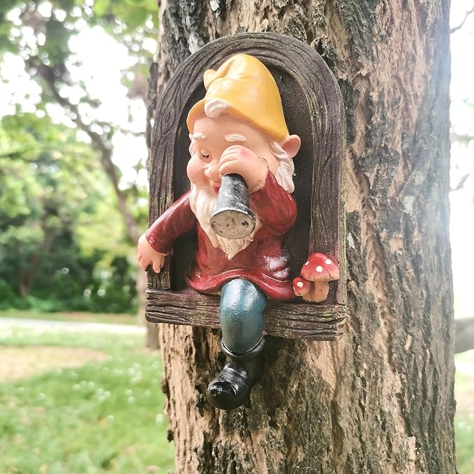 Garden Gnome Open The Door Garden Decor Resin Tree Faces Decor Outdoor Fairy Garden Patio Lawn Porch (Red Telescope)
