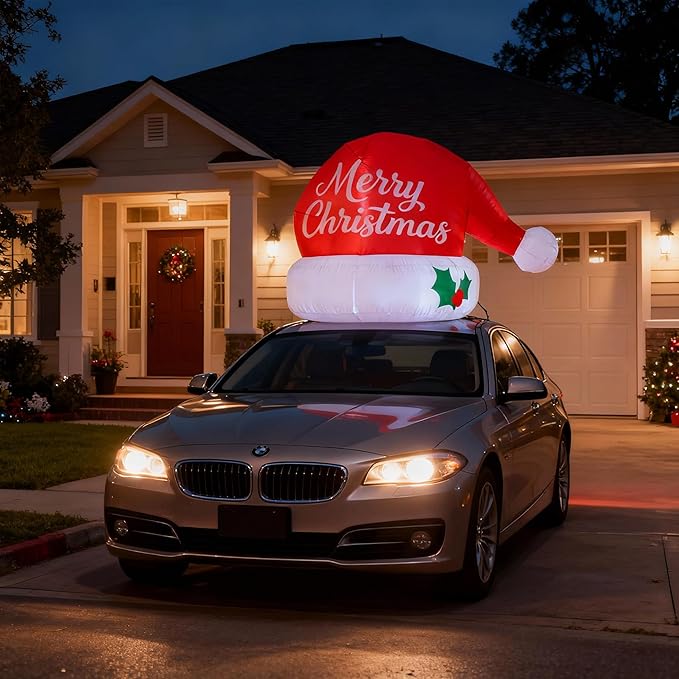 6 FT Inflatable Outdoor Decoration, Santa Hat Christmas Blow Up with LED Lights for Car Roof Xmas Decor
