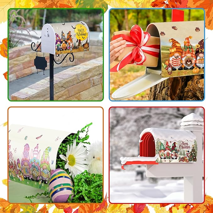 12 Pcs Seasonal Gnome Mailbox Covers Magnetic Standard Size 18 x 21 Inch Halloween Thanksgiving Winter Christmas Magnetic Mailbox Covers for Garden Yard Outdoor Decor