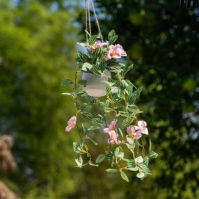 2PCS Artificial Hanging Plant with Pot Faux Hanging Plants Small Hanging Plants Pot with Artificial Vines and Flower Greenery Decoration for Living Room Wall Home Wall Shelf (Stripe Pink)