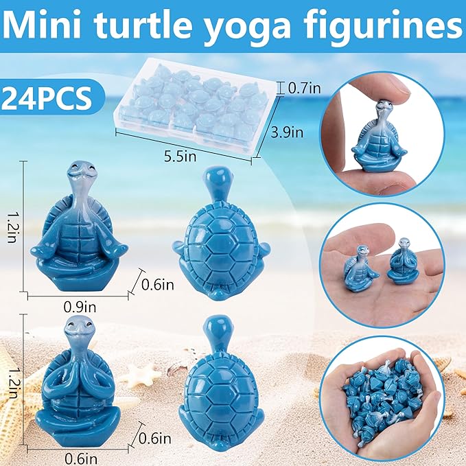 Watayo 24 Pcs Mini Sea Turtle Meditation Yoga Figurines, Miniature Zen Yoga Turtle Resin Statue, Coastal Beach Tiny Meditating Turtles Decor for Home Office Table Garden Decor Gifts DIY Crafts
