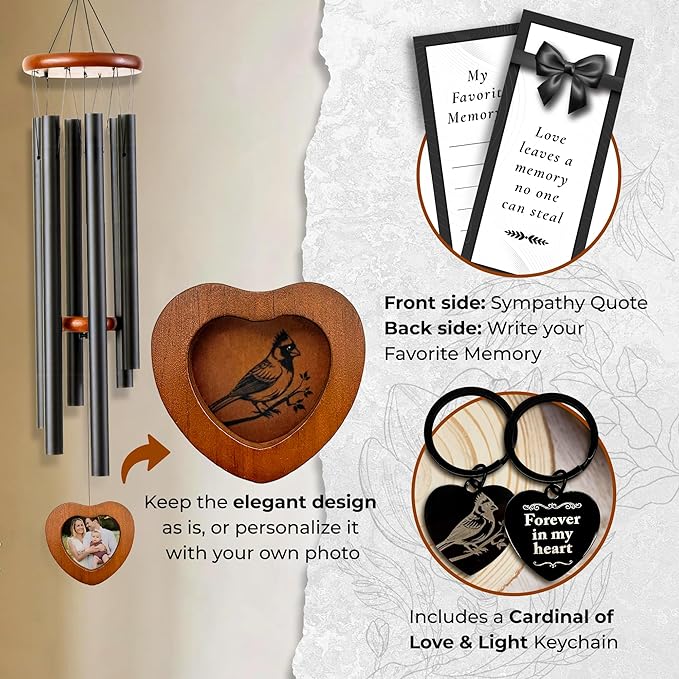32" Cardinal Memorial Wind Chimes for Outside – Sympathy Wind Chimes for Loss of Loved One – Remembrance Gift for Mom Dad Husband Wife Son Daughter with Optional Photo Pendant & Keychain