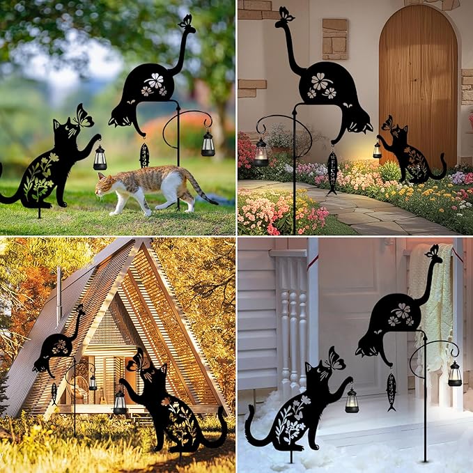 2Pack Cat Solar Lights Outdoor Garden, Black Cat Garden Decor, Black Cats Outdoor Decorations with Solar Lantern, Unique Gift for cat Lovers,Christmas Birthday Gifts for Women Mom and Grandma