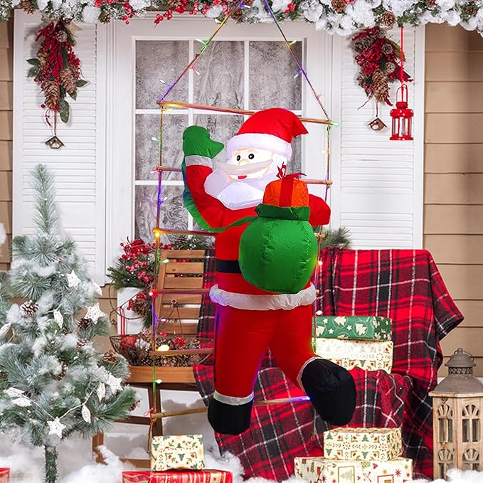 5 Ft Hanging Christmas Inflatables Decorations Santa Claus Climbing Decor - Hanging Santa with Gift Bag & Built-in LED Lights for Xmas Party, Lawn, Garden, Roof, Window Holiday Display