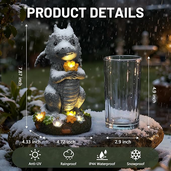 Solar Garden Outdoor Statues Dragon Holding Flower with Solar LED Lights - Lawn Decor Outdoor Statue for Patio, Balcony, Yard Ornament,Housewarming for Mom Grandma