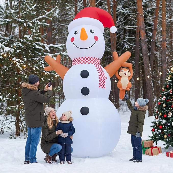 12ft Giant Snowman Inflatable Decor with Cute Squirrel Christmas Inflatable Yard Decor Build-in LED Outdoor Blow up Holiday Decorations for Yard/Lawn/Garden