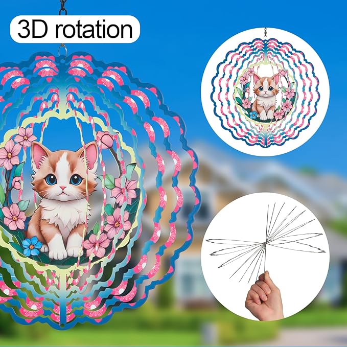 Metal Wind Spinners for Outdoor,Birthday Gifts for Women Mom Grandma, 12 Inch Cute Pink Cat Wind Spinner, Kinetic Sculpture Garden Decor for Ornament Gifts