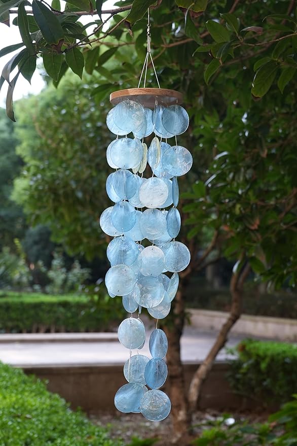 Capiz Shell Wind Chime for Outside 28” Sea Glass Wind Chime Ocean/Beach Themed Chime Gift for Women Mother’s Day Decoration Blue