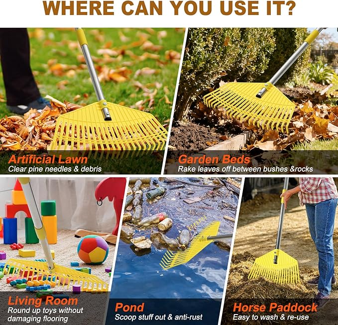 Garden Rake for Leaves - Extra Wide 17" Leaf Rake,Lightweight Long Handle for Women Seniors Kids Effortless Clean-Up,23 Non-Clog Flexible Tines for Lawn-Friendly,65” Adjustable Plastic Rakes for Yard