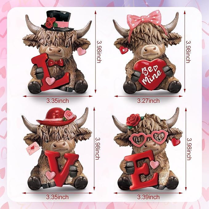 Sosation 4 Pcs Love Highland Cow Figurines Valentines Day Highland Cow Gnomes Heart Scottish Resin Statue Calf Lovers Gifts for Home Garden Kitchen Office Tiered Tray Table Decor