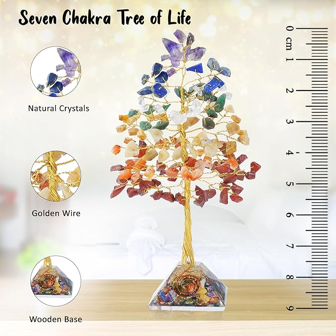 7 Chakra Crystal Tree with Orgone Pyramid Base Desk Decor Healing Crystals Bonsai Tree Gifts for Women Office & Shelf Home Room Decor for Mom Sister Girlfriend Present Housewarming