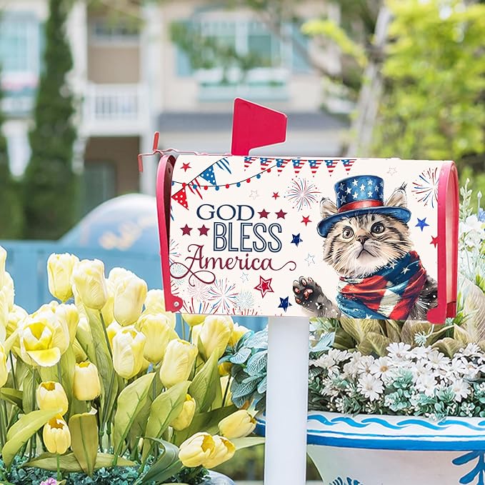 4th of July Cat Mailbox Cover Magnetic Standard Size God Bess America Flag Stars Patriotic Firework Mailbox Wrap Letter Post Cover 21x18 Inch for Garden Yard Outside Outdoor Decor