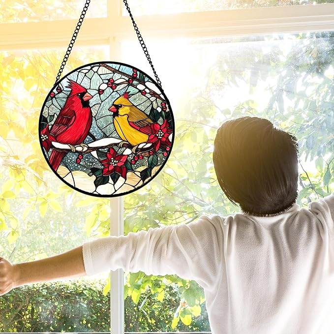 Stained Glass Window Hanging, Love Birds Cardinals Sun Catchers Colorful Glass Panel Birds Suncatcher Decor for Birthday for Women, Men, Wife, Lovers, and Mom 9.8 in