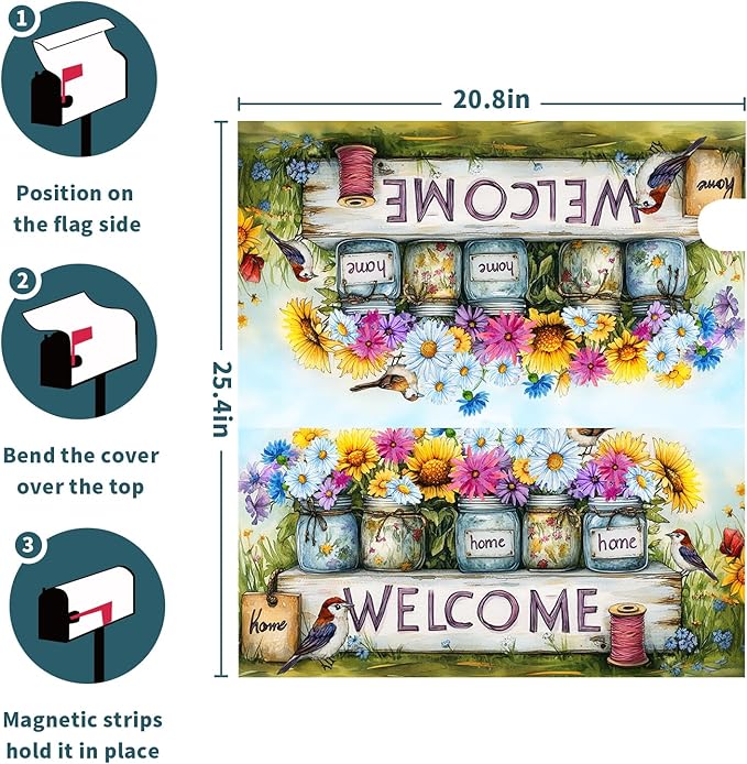 Spring Summer Floral Mailbox Covers Magnetic Standard Size 21 X 25.5 Inch Welcome Magnetic Mailbox Cover Bird Flowers Mailbox Wraps Post Box Cover Decoration Outdoor Garden Home Yard Outside