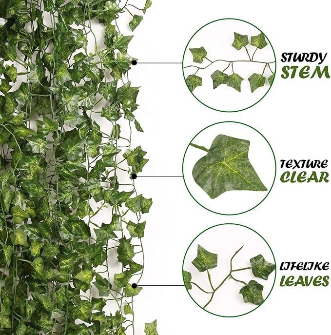 Flojery 78Ft 12pcs Silk Artificial Ivy Vine Hanging Leaves Plant Greenery Decor Party Home Garden Wedding Wall Decor (Green)